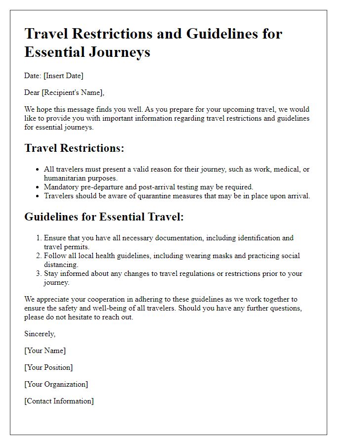 Letter template of travel restrictions and guidelines for essential journeys.