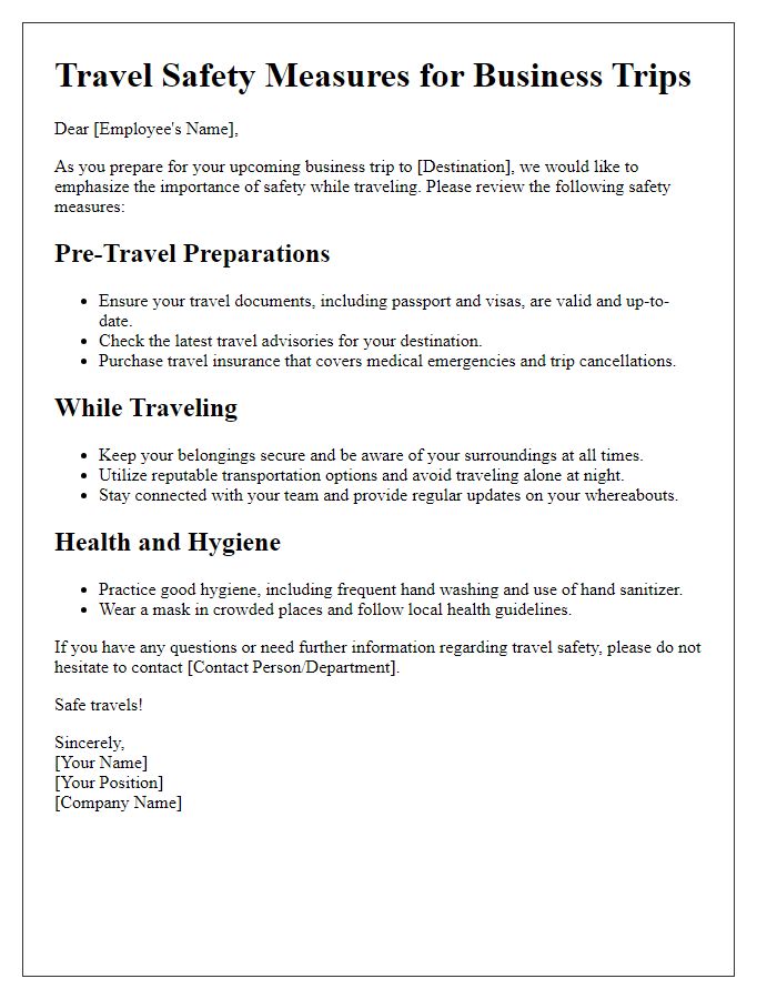 Letter template of travel safety measures for business trips.