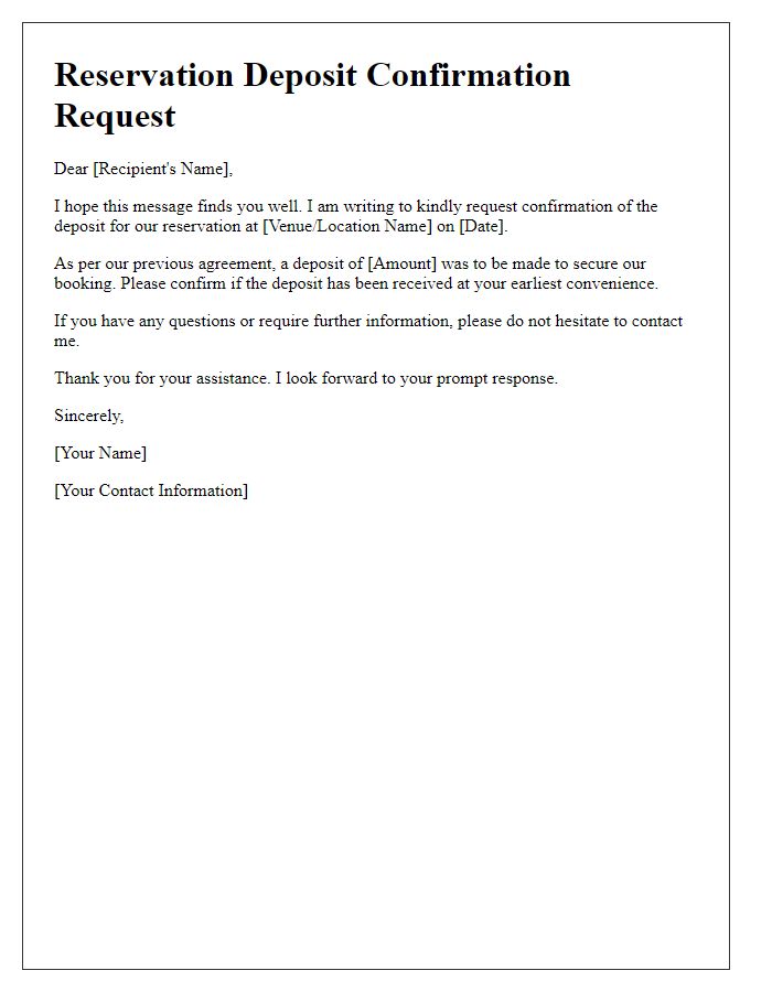 Letter template of confirmation request for reservation deposit