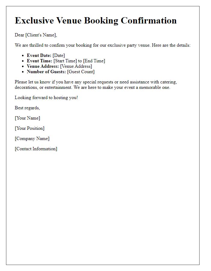 Letter template of exclusive party venue booking