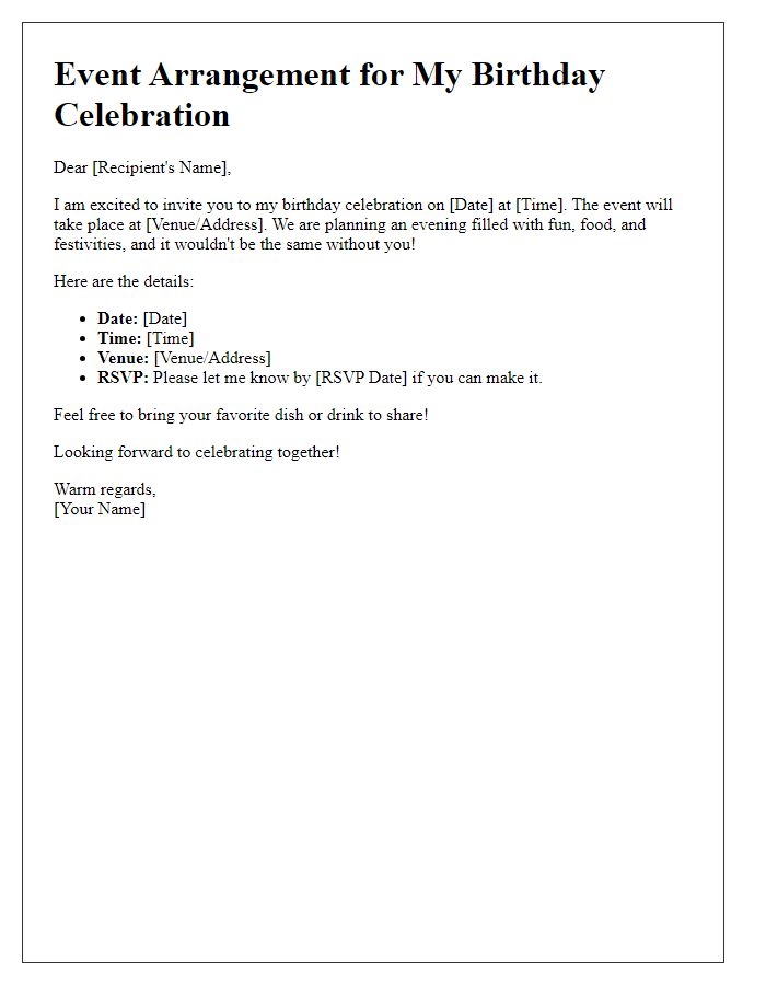 Letter template of personal event arrangement