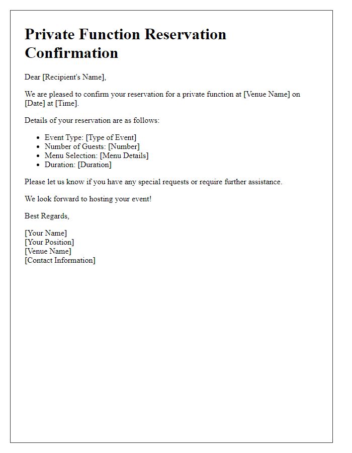 Letter template of private function reservation