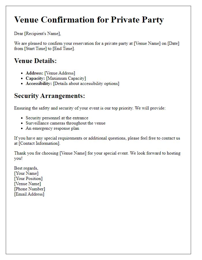 Letter template of secure venue for private party