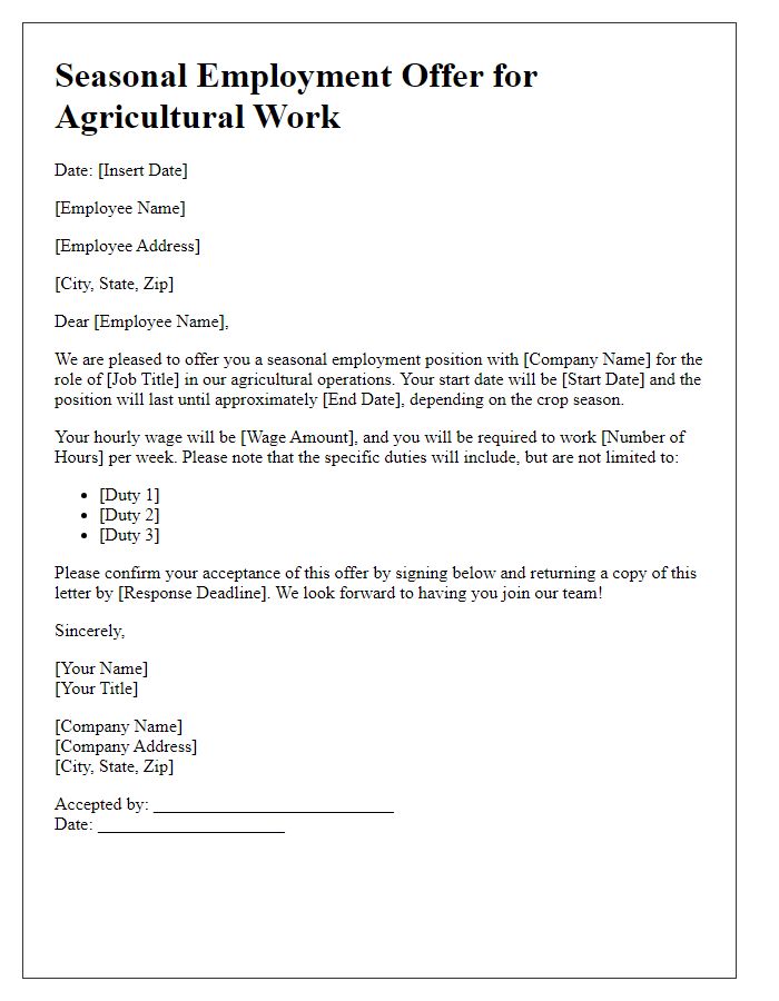 Letter template of seasonal employment offer for agricultural work