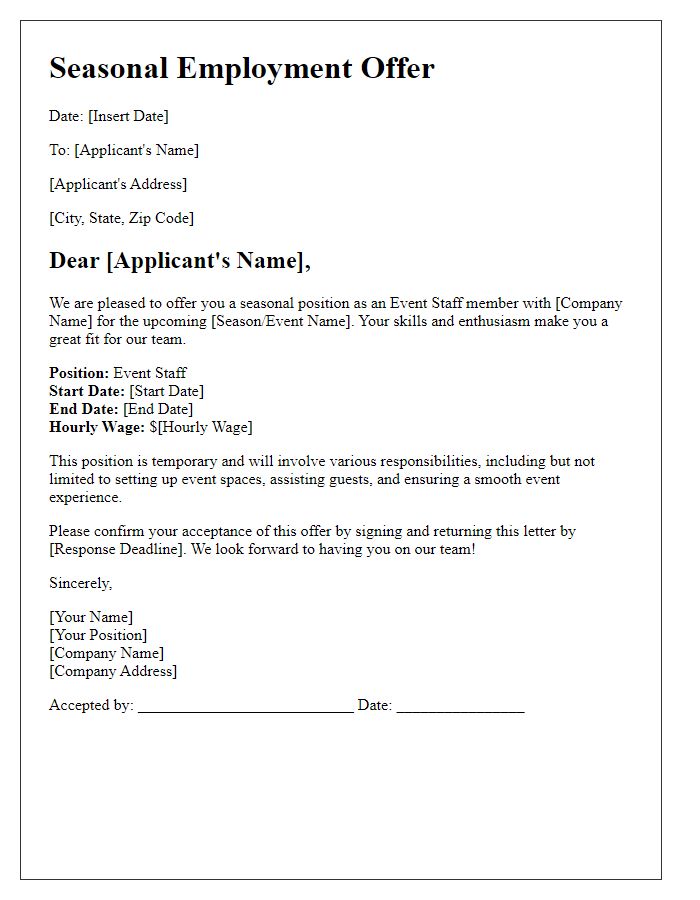 Letter template of seasonal employment offer for event staffing