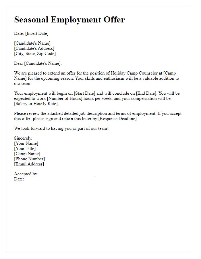 Letter template of seasonal employment offer for holiday camp counselors