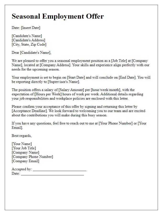 Letter template of seasonal employment offer for hospitality roles