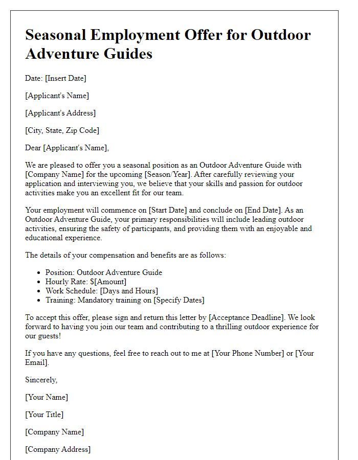 Letter template of seasonal employment offer for outdoor adventure guides