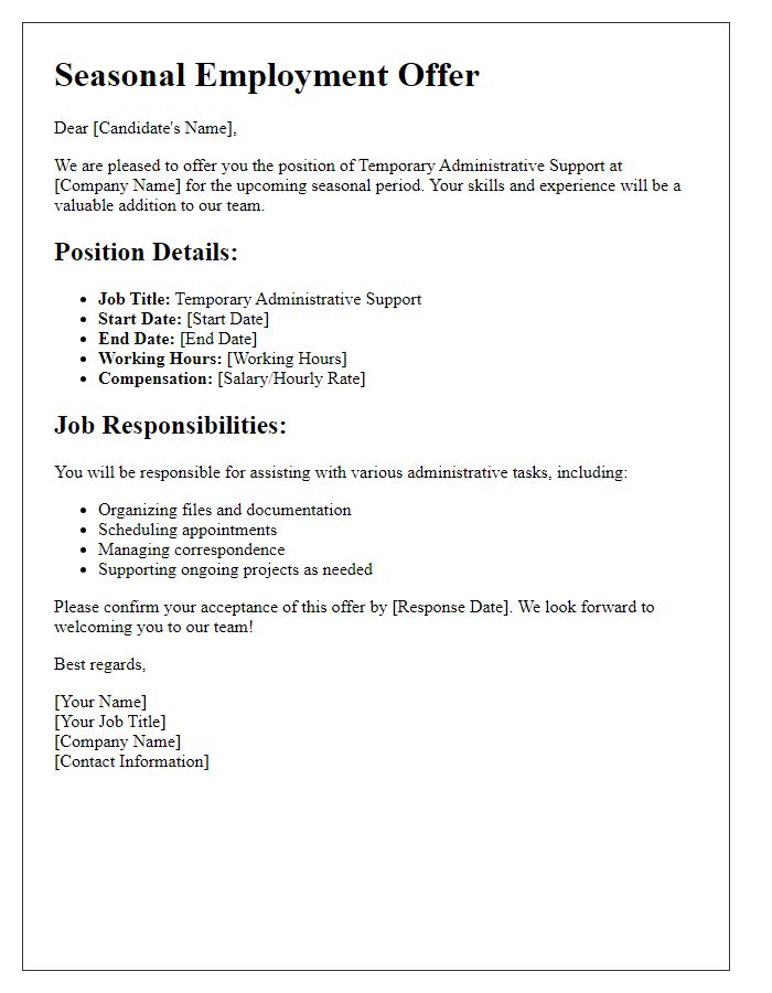 Letter template of seasonal employment offer for temporary administrative support