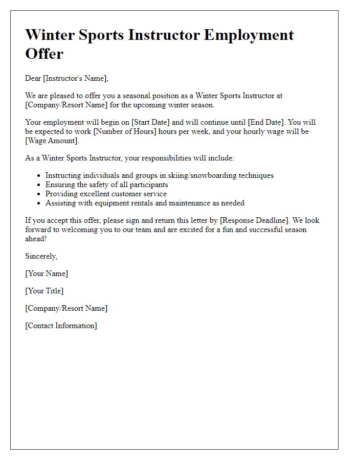 Letter template of seasonal employment offer for winter sports instructors