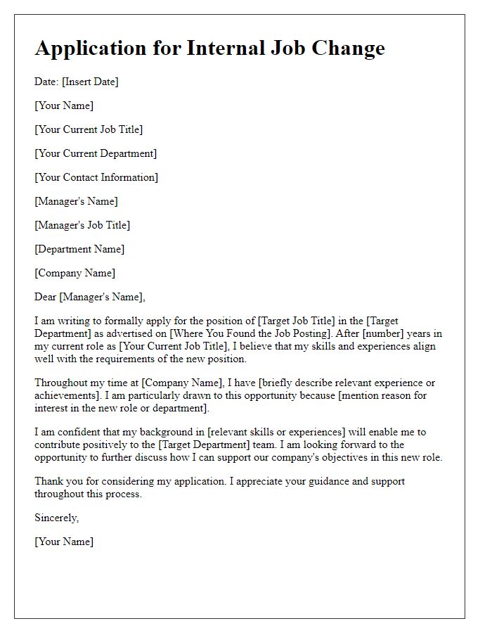 Letter template of formal application for internal job change.