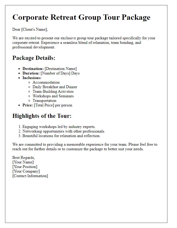 Letter template of group tour package for corporate retreats