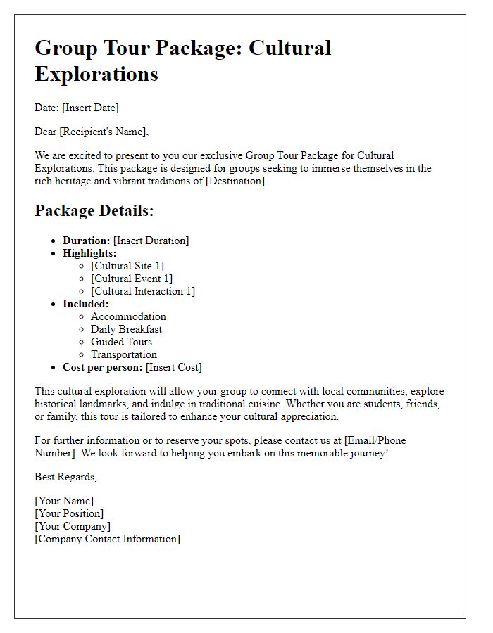 Letter template of group tour package for cultural explorations