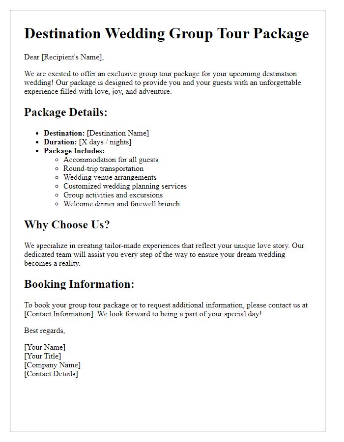 Letter template of group tour package for destination weddings