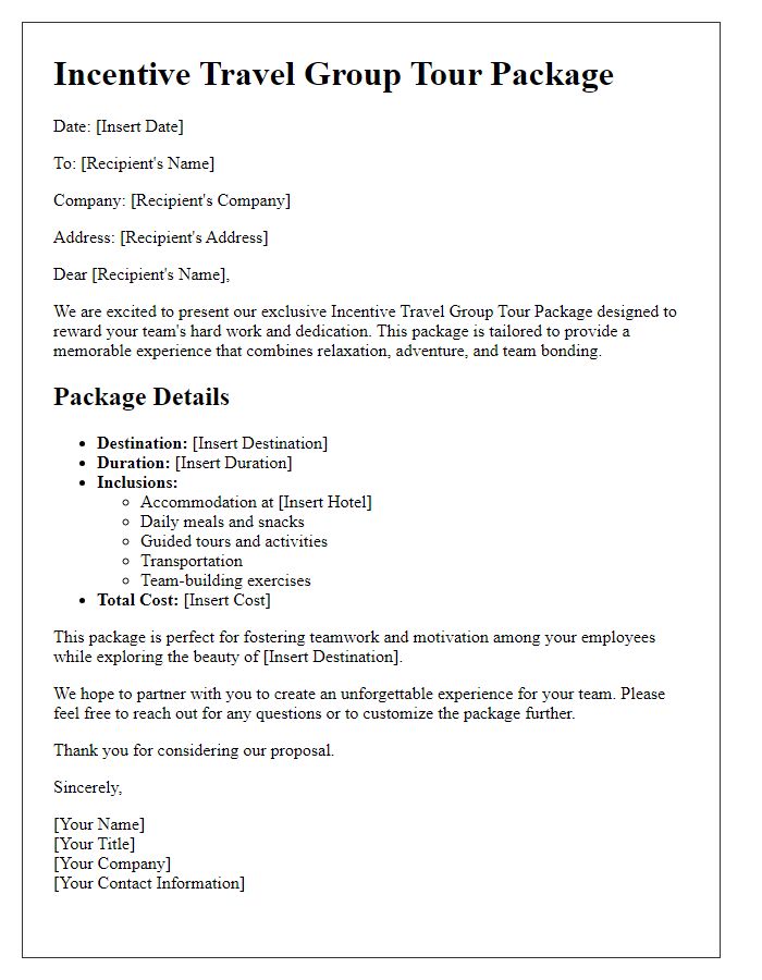 Letter template of group tour package for incentive travel