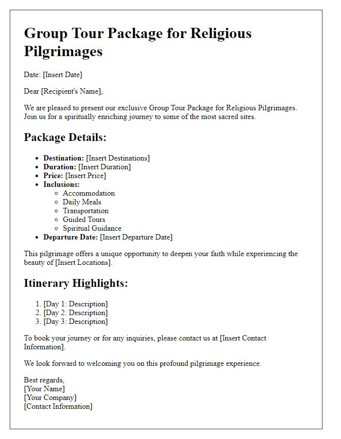 Letter template of group tour package for religious pilgrimages