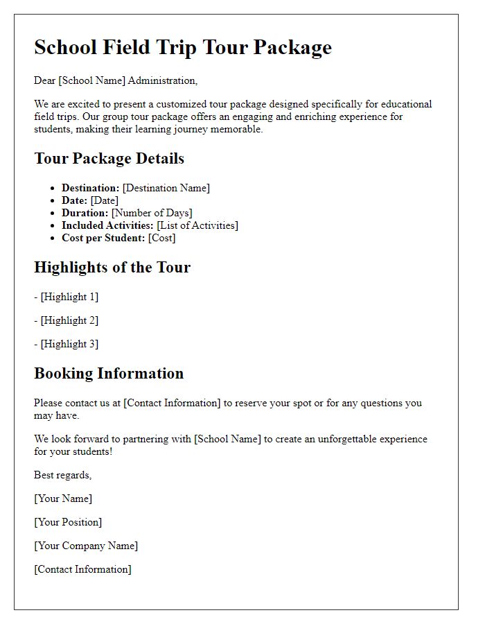 Letter template of group tour package for school field trips