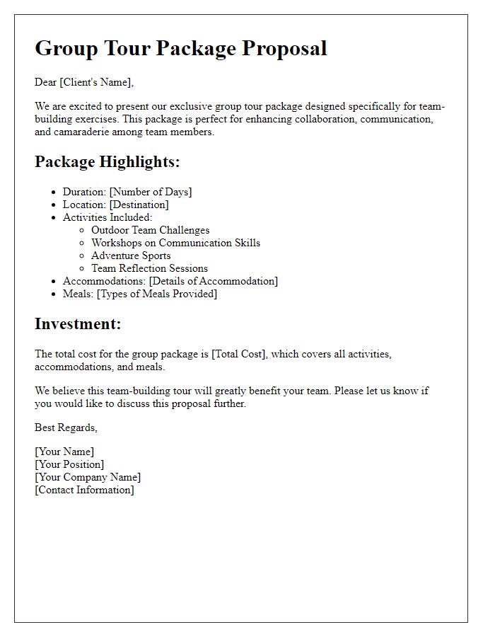 Letter template of group tour package for team-building exercises