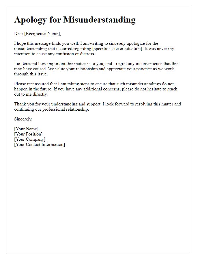 Letter template of professional service apology for misunderstandings.