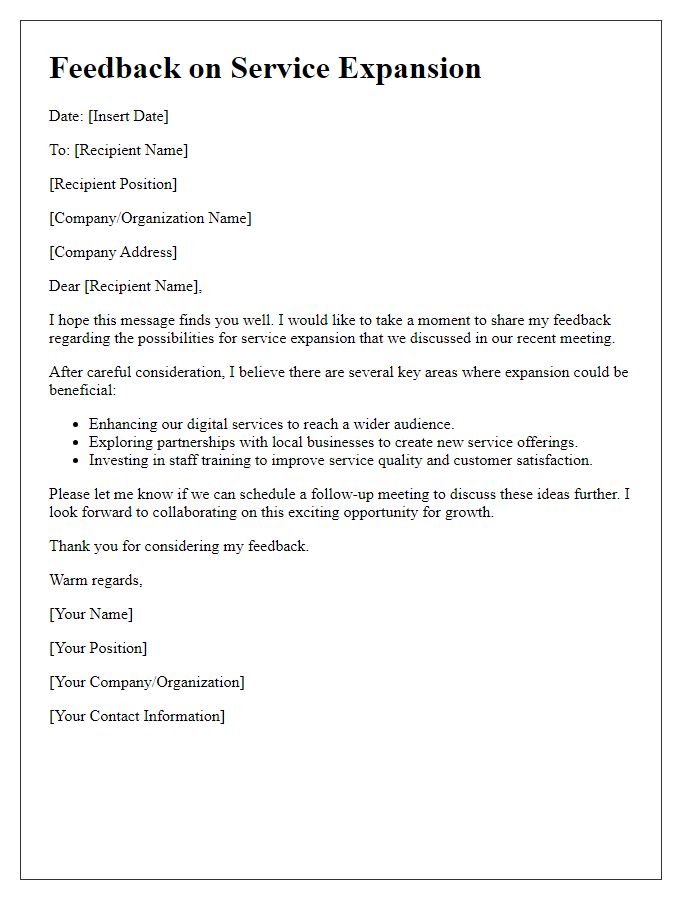 Letter template of feedback on service expansion possibilities