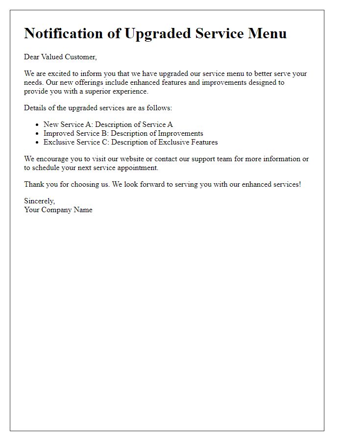 Letter template of notification for upgraded service menu