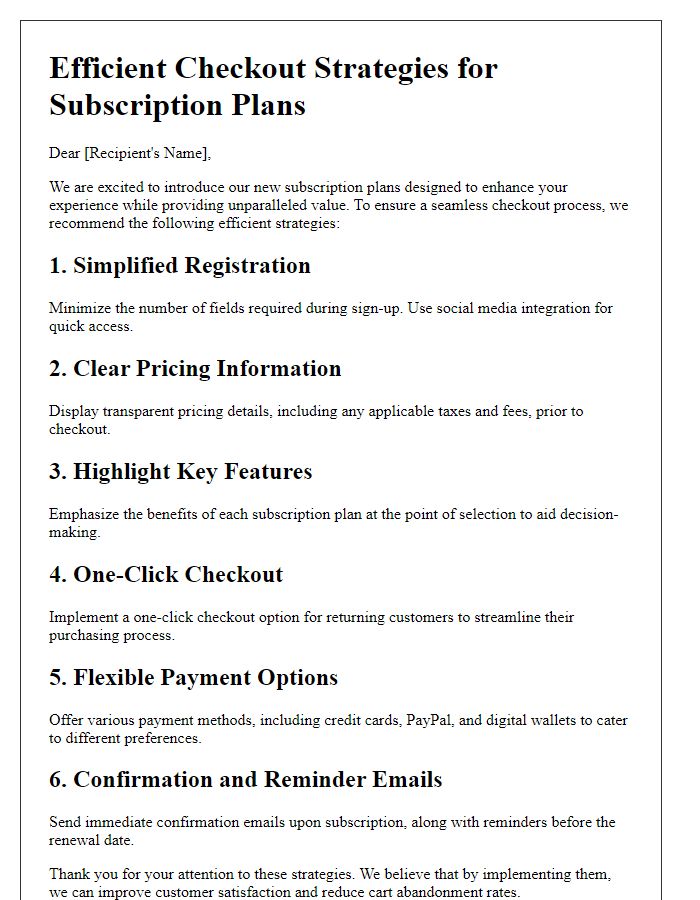 Letter template of efficient checkout strategies for subscription plans