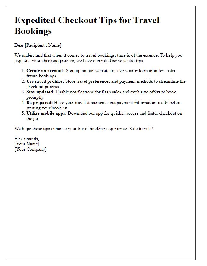 Letter template of expedited checkout tips for travel bookings