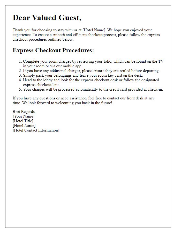 Letter template of express checkout procedures for hotel guests