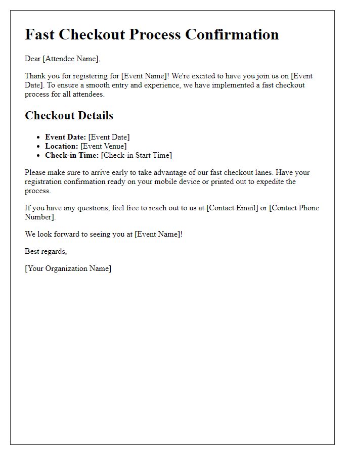 Letter template of fast checkout process for event attendees