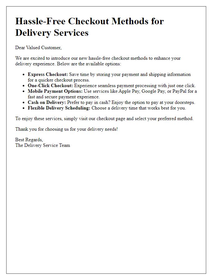 Letter template of hassle-free checkout methods for delivery services