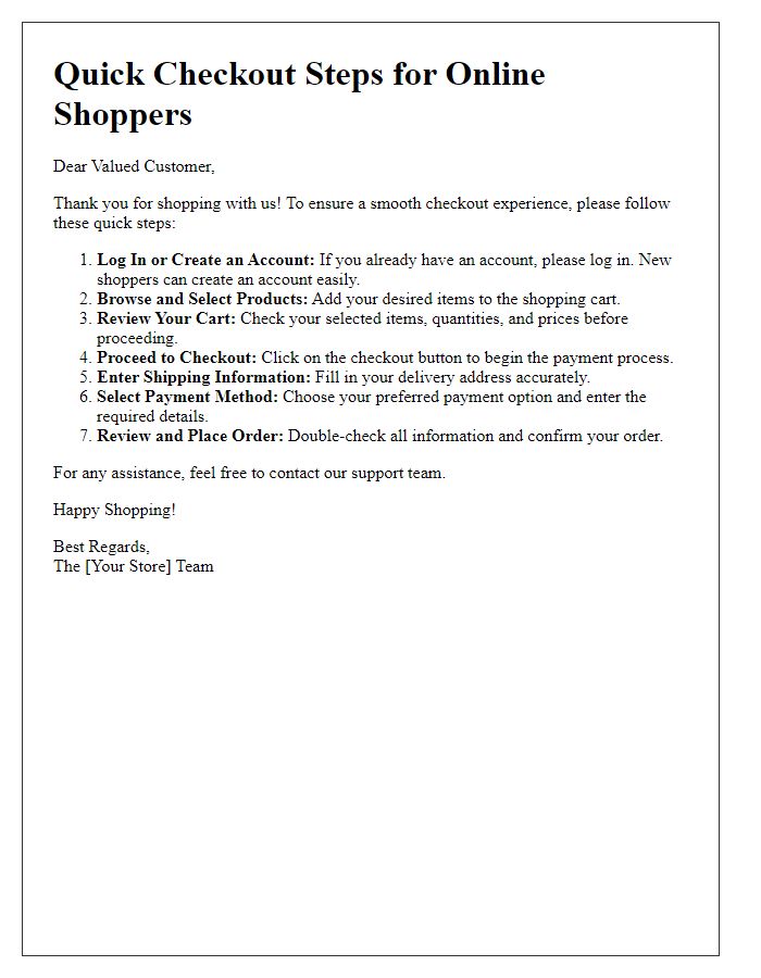 Letter template of quick checkout steps for online shoppers