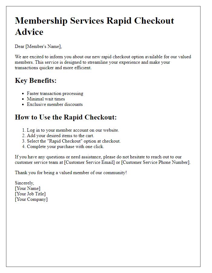 Letter template of rapid checkout advice for membership services