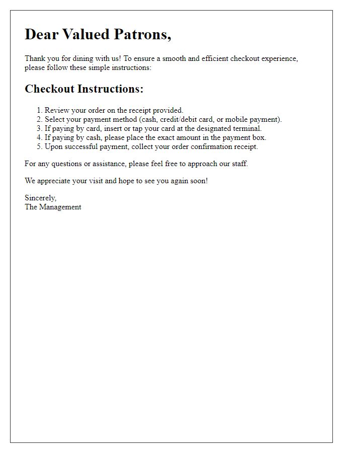 Letter template of simplified checkout instructions for restaurant patrons