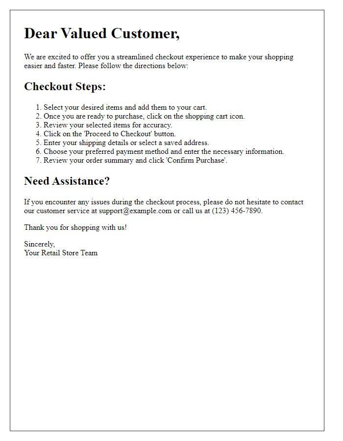 Letter template of streamlined checkout directions for retail customers