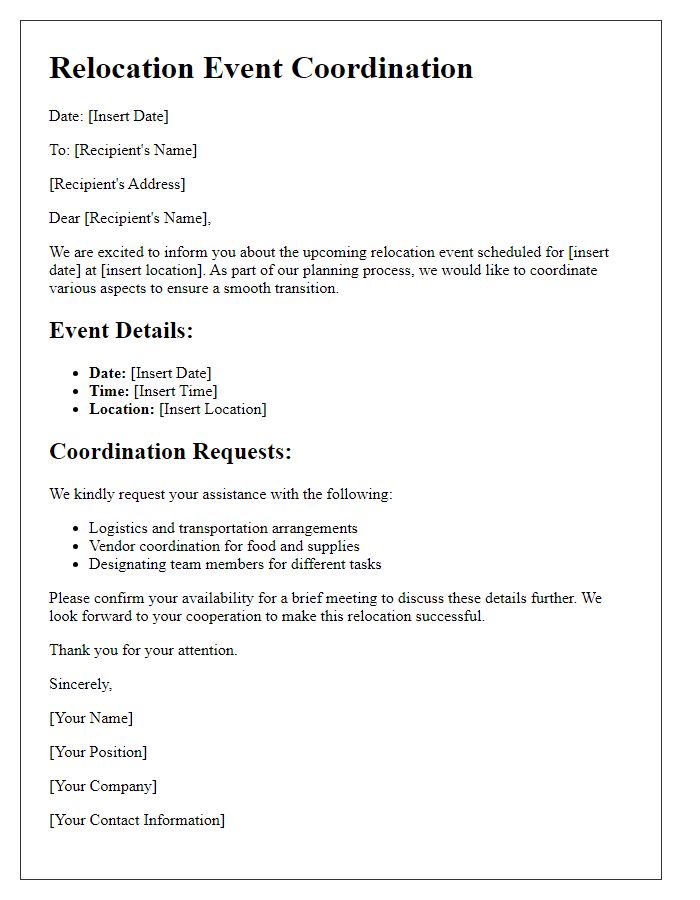 Letter template of relocation event coordination