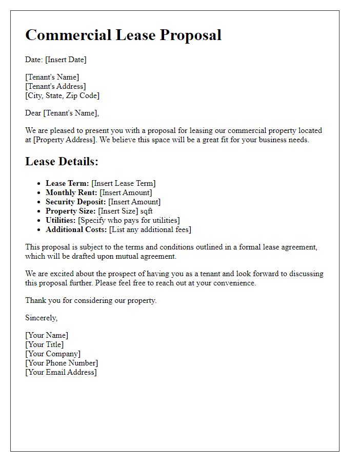 Letter template of commercial lease proposal for potential tenants