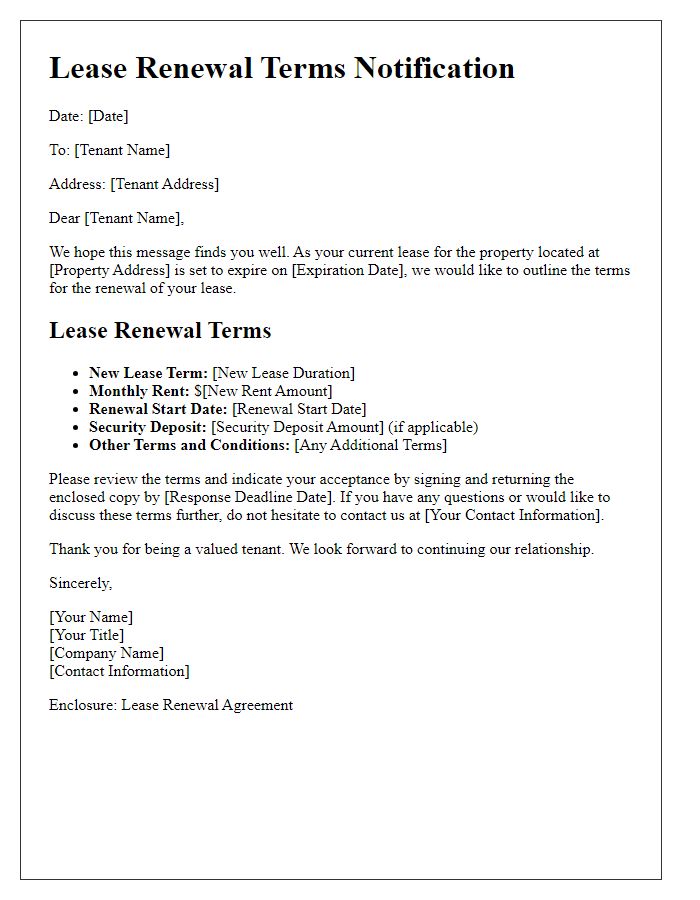 Letter template of premises lease renewal terms for existing tenants