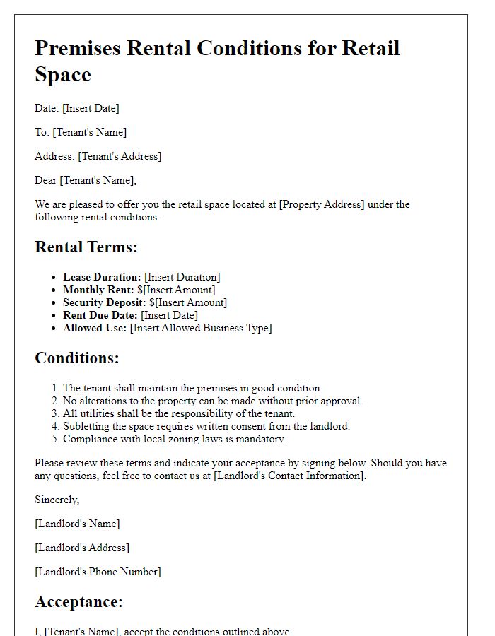 Letter template of premises rental conditions for retail space