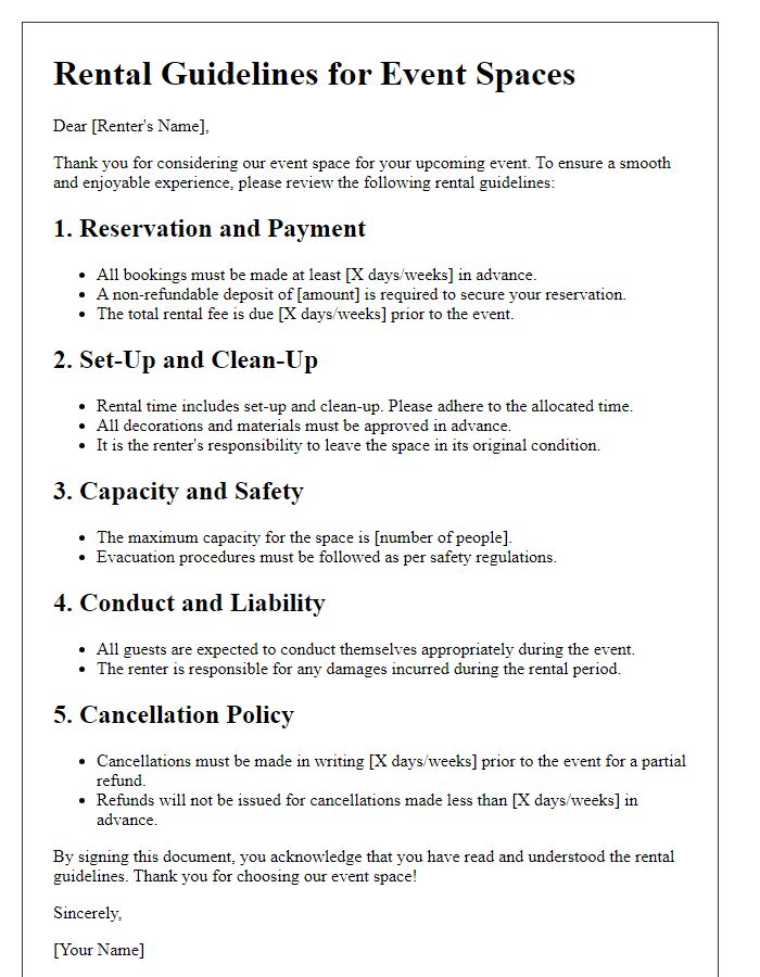 Letter template of premises rental guidelines for event spaces