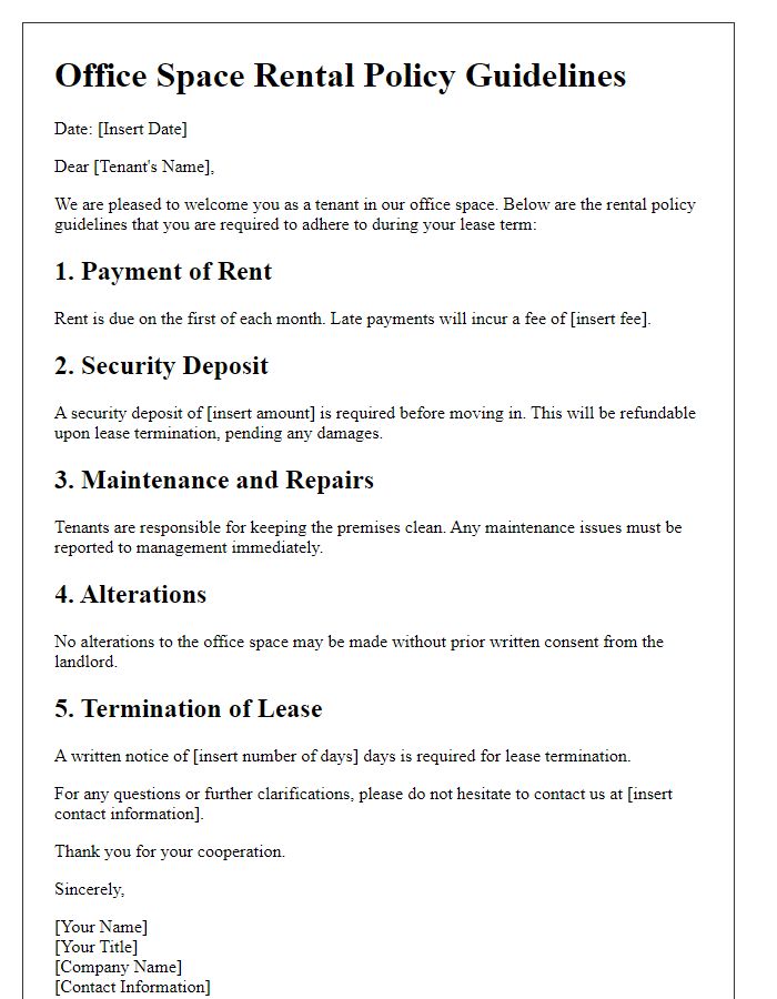 Letter template of rental policy guidelines for office space