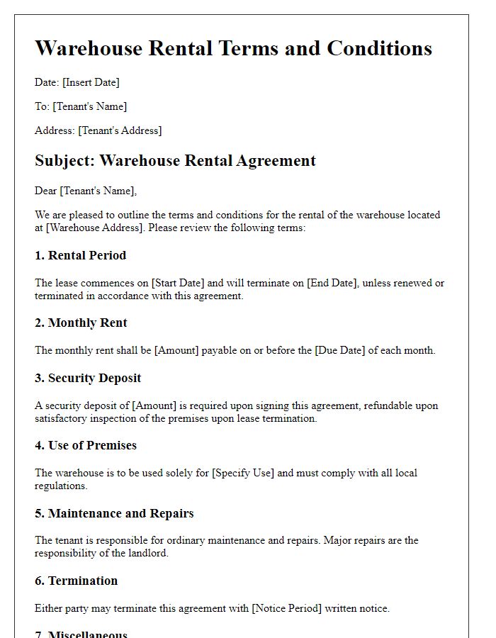 Letter template of rental terms and conditions for warehouses