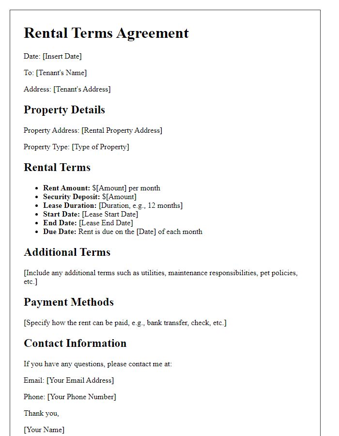 Letter template of rental terms for residential property