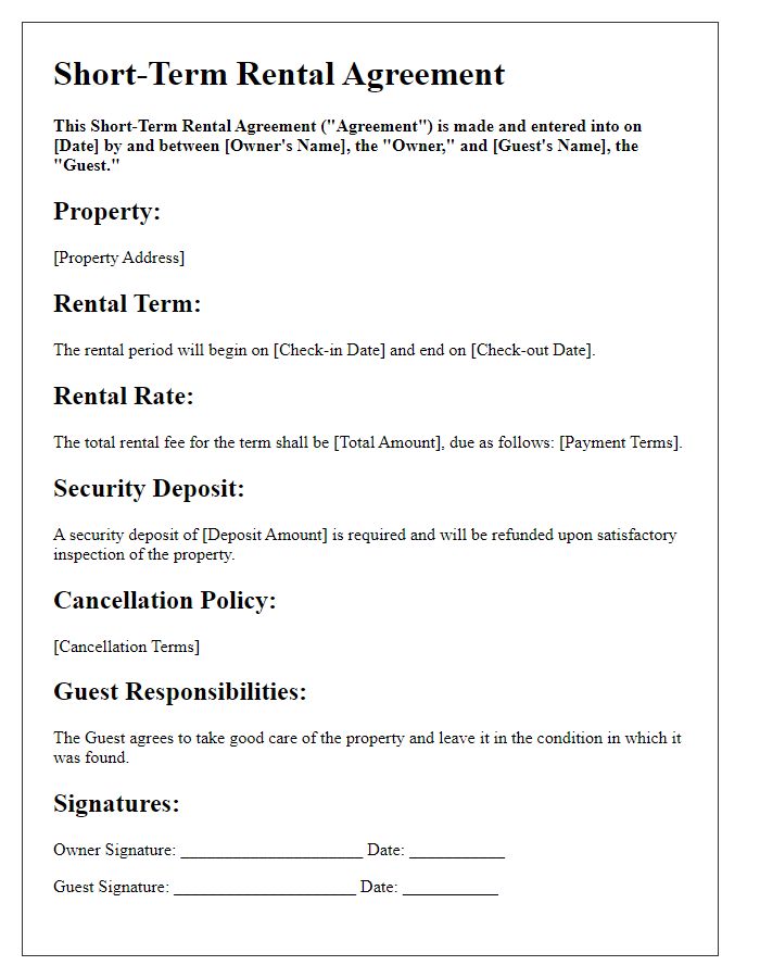 Letter template of short-term rental agreement for vacation property