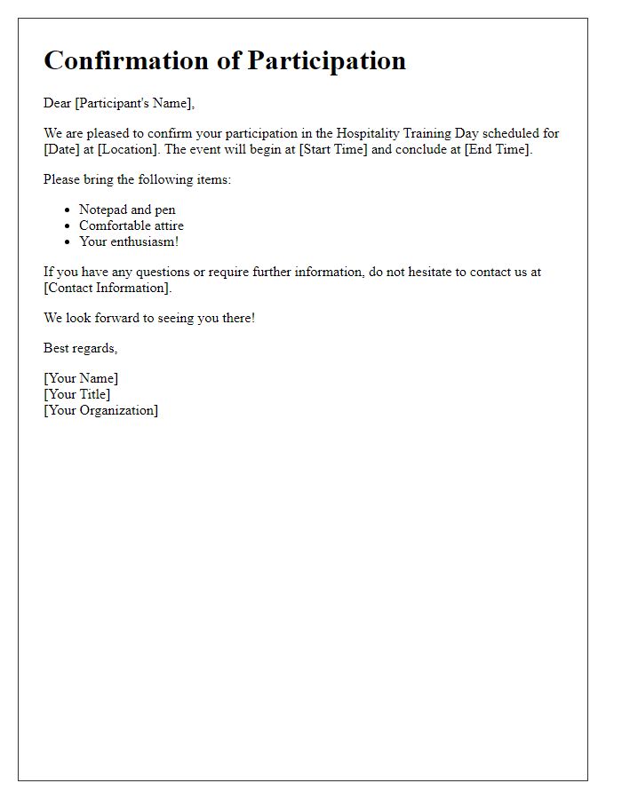 Letter template of confirmation for hospitality training day participation