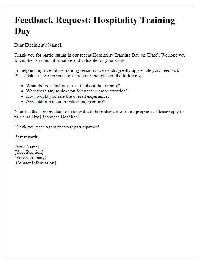 Letter template of feedback request after hospitality training day