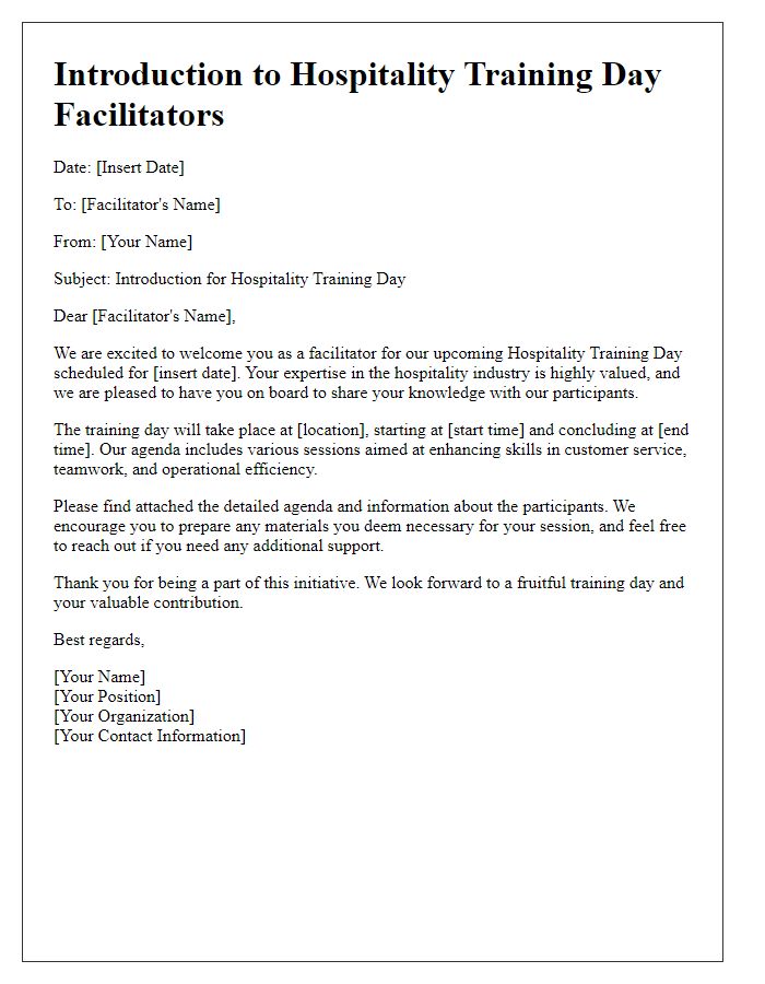 Letter template of introduction to hospitality training day facilitators