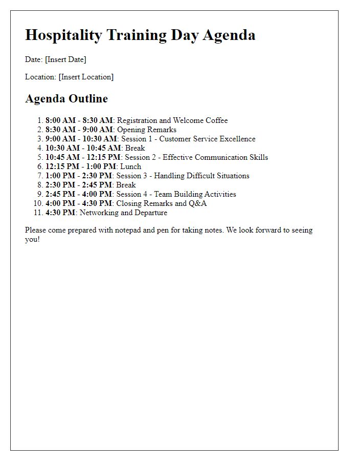 Letter template of outline for hospitality training day agenda