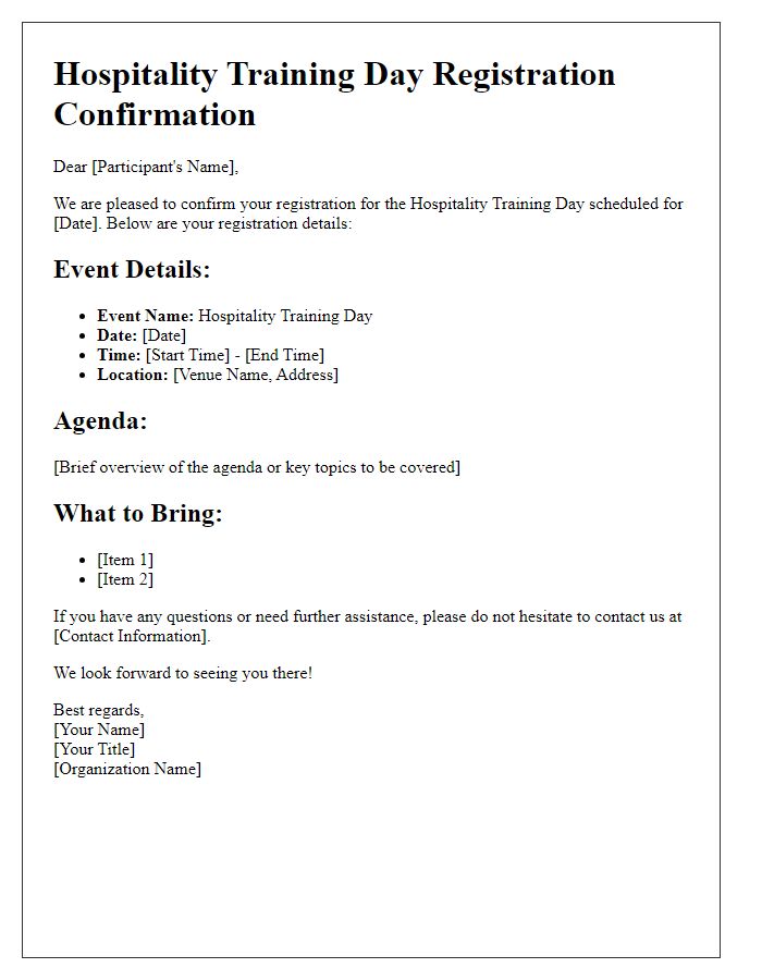 Letter template of registration details for hospitality training day