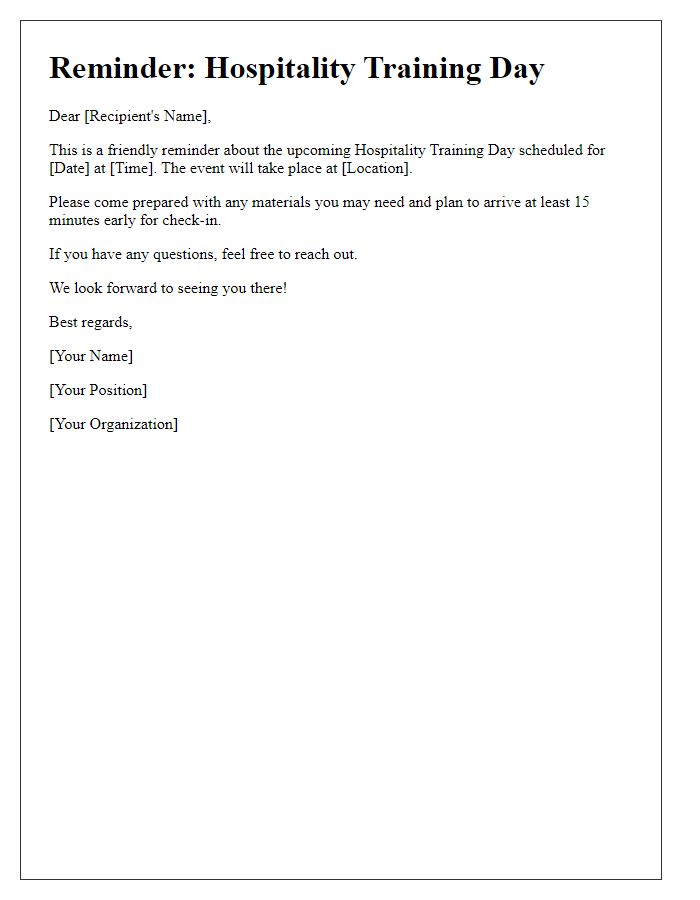 Letter template of reminder for hospitality training day event