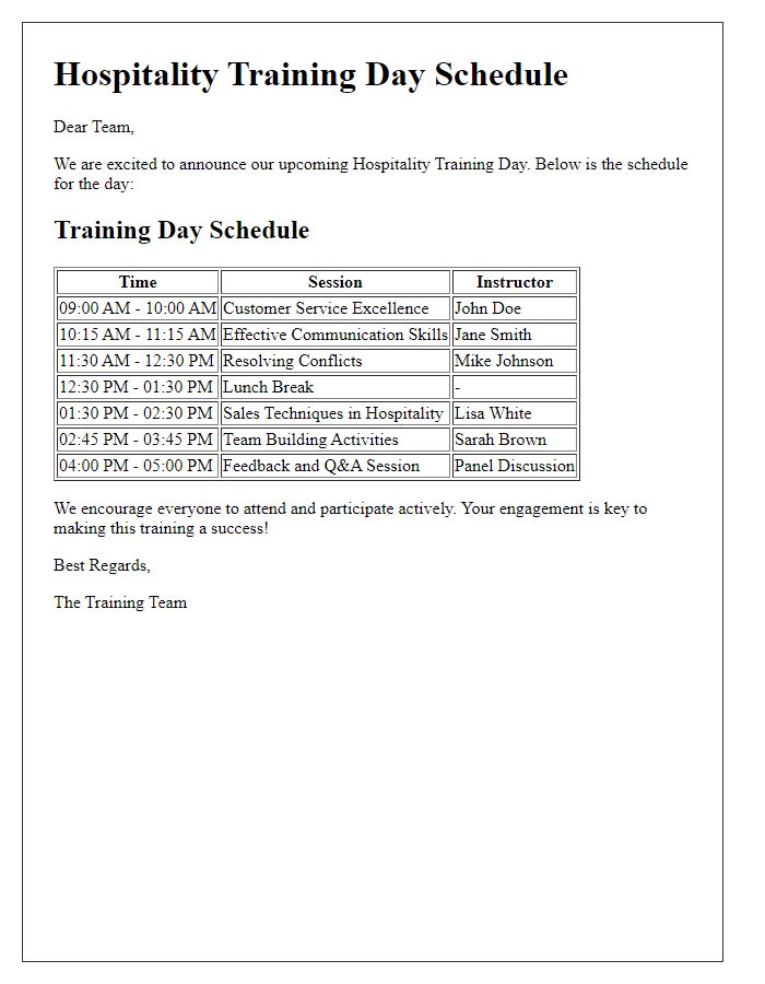 Letter template of schedule for hospitality training day